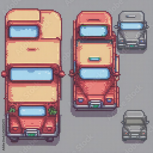 Vintage red double decker bus with four cars parked nearby