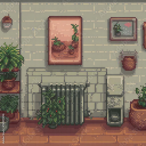 Pixel art depicting a cozy room with greenery and a warm radiator.