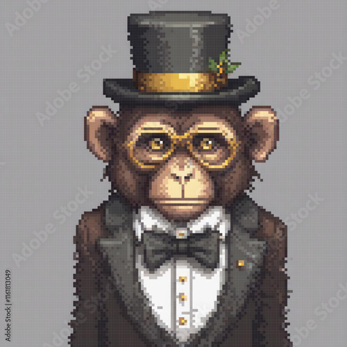 Cute pixel art of a monkey dressed in a tuxedo and top hat.