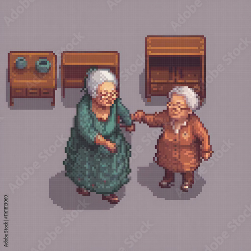 Pixel art depicts an elderly woman and a child in a cozy living room setting.