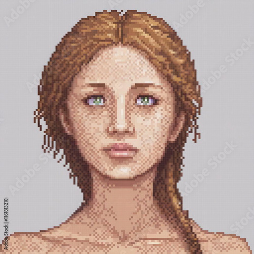Pixel art cross stitch pattern of a womans face