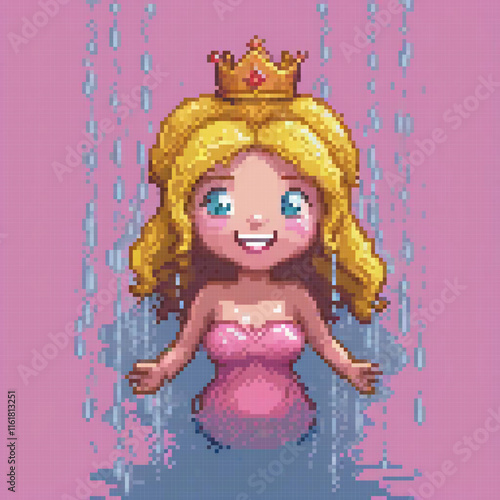 Princess in Pink: A charming pixel art depiction of a regal figure adorned with a crown and a pink gown.