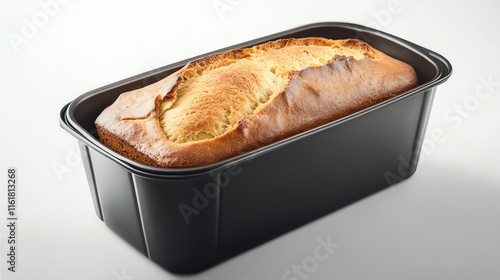 Freshly baked loaf of bread in a black plastic container. photo