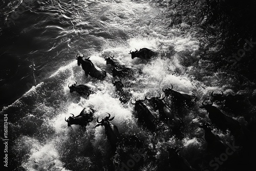 Wildebeests are crossing Mara river photo