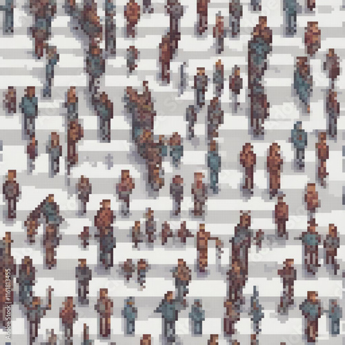 Pixel art depicting a bustling crowd crossing a busy street.