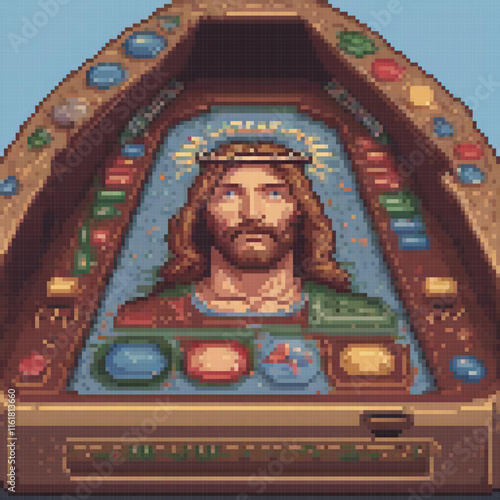 Pixel art slot machine featuring Jesus, perfect for retro gaming enthusiasts.