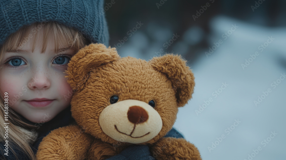 A child with blue eyes holds teddy bear, showcasing warmth and innocence in snowy setting A child with blue eyes holds teddy bear, showcasing warmth and innocence in snowy setting