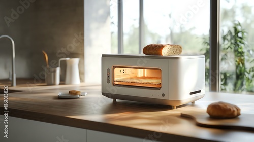 Modern kitchen toaster with fresh bread, bright natural lighting.