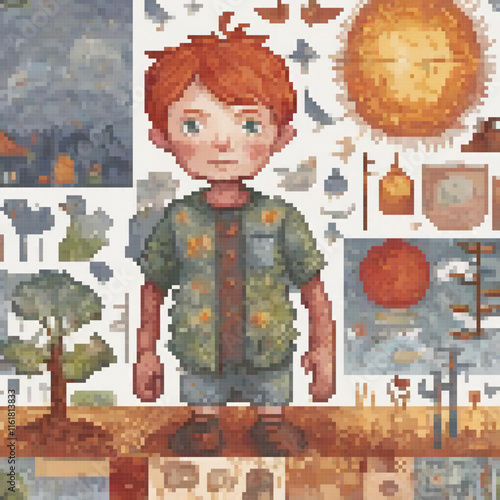 Cute pixel art cross stitch pattern featuring a boy by a tree.