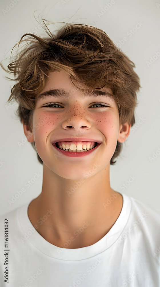 Inviting close-up portrait of a Caucasian teenage boy smiling warmly on a clean backdrop Inviting close-up portrait of a Caucasian teenage boy smiling warmly on a clean backdrop
