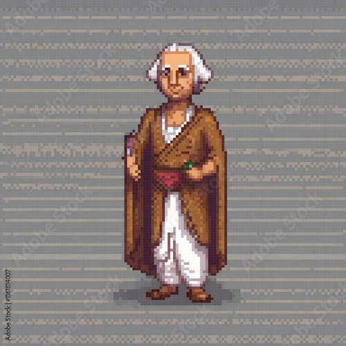 Brown robe man in pixel art, retro style.