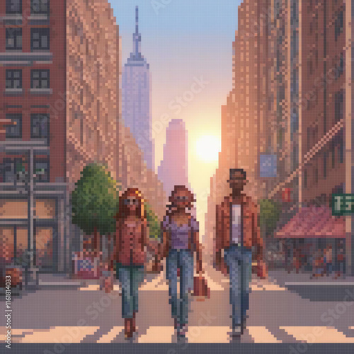 Pixel art depicting a lively group strolling through a bustling city street.