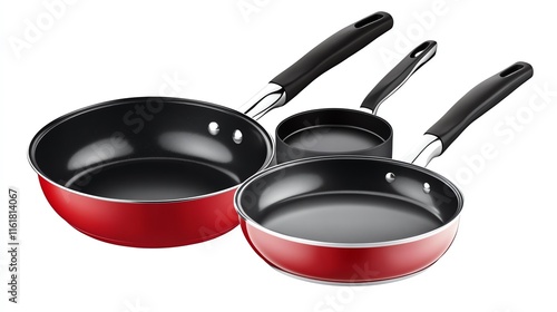 Set of red non-stick frying pans for cooking and baking.