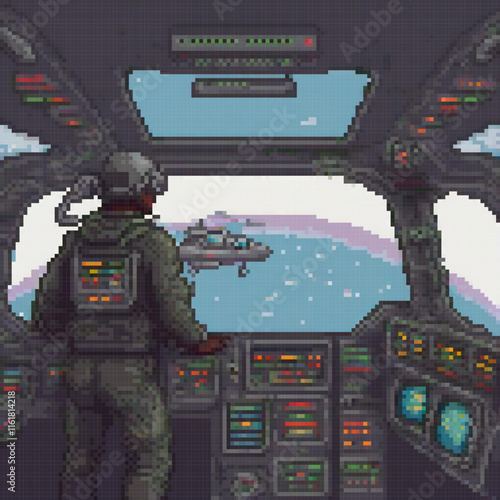 Pixel art cockpit scene with a man in a fighter jet