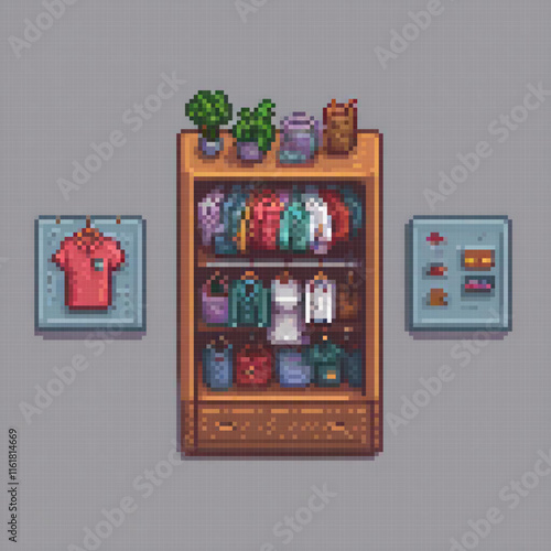 Pixel art vending machine showcasing fashionable attire