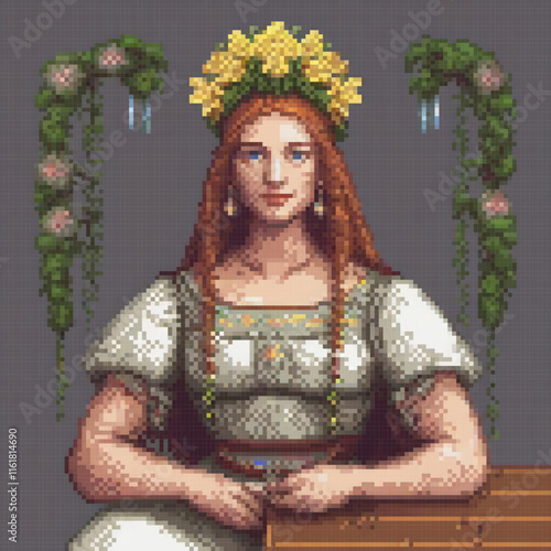Woman in pixel art, adorned with a wreath, seated at a table.