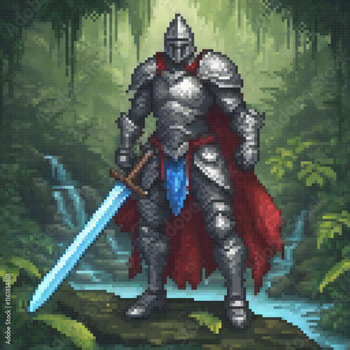Pixel art knight on rock, sword in hand, in a mystical woodland.