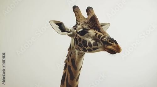 Close-up portrait of a giraffe's head and neck against a white background. photo