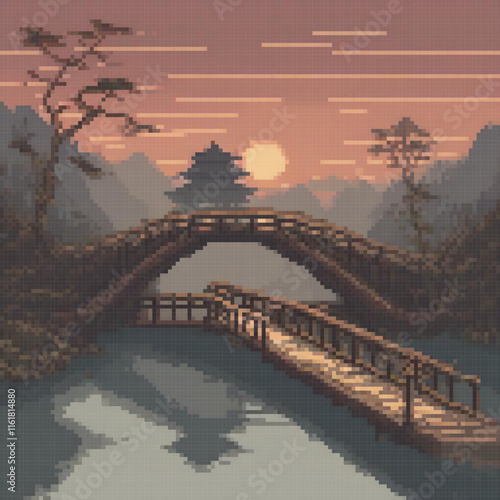 Pixel art depicting a charming bridge with a pagoda in the scenic backdrop of a river.