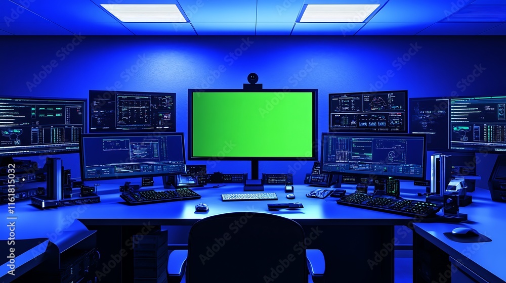 Fototapeta premium Futuristic control room with multiple monitors and green screen.