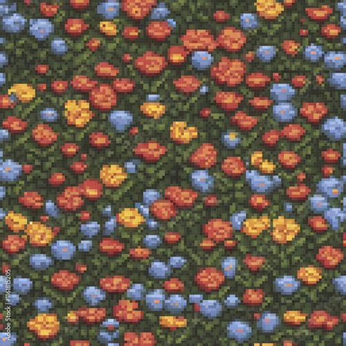 Vintage pixel art cross stitch flowers on lush greenery.