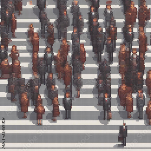 Pixel art depicting a bustling crosswalk with numerous pedestrians