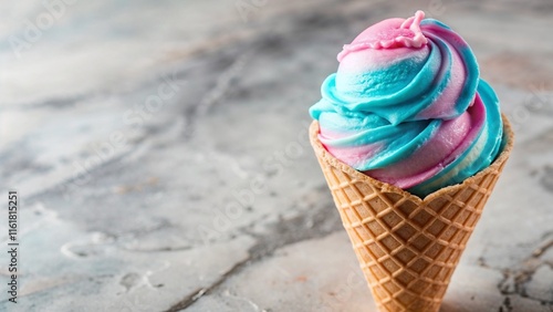 Swirled bubblegum ice cream in a waffle cone on marble background. photo