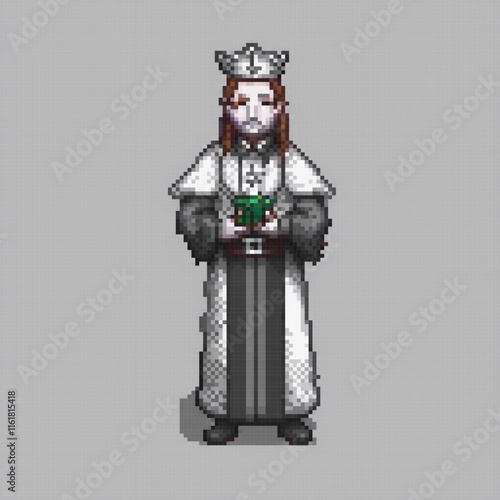 Crowned man in white robe pixel art, classic style.