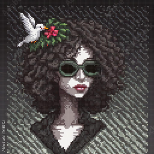 Pixel art cross stitch pattern featuring a woman with a bird perched on her head.