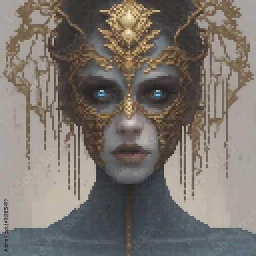 Gold masked woman in pixel art, stylish and unique.