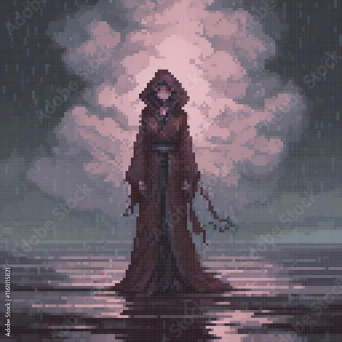 Stylish pixel art of a mysterious woman in a hooded cloak amidst a rainy backdrop.
