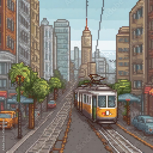 Vintage yellow and white tram in a bustling city street, pixel art style.