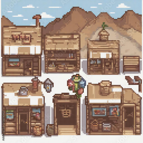 Pixel art depicting a charming mountain town.