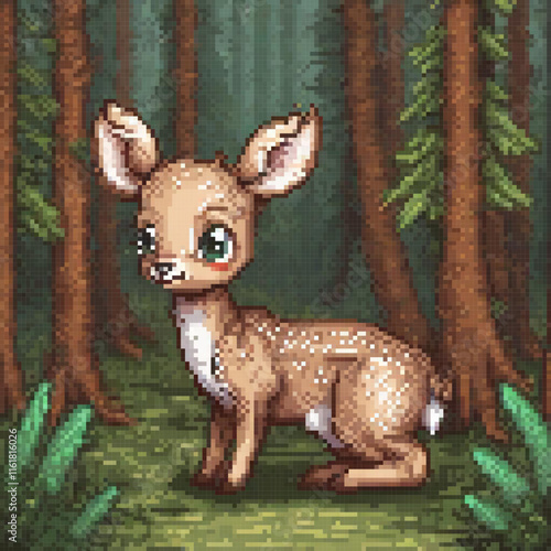 Pixel art cross stitch fawn in serene woods