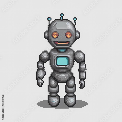 Pixel art robot on a pristine white backdrop