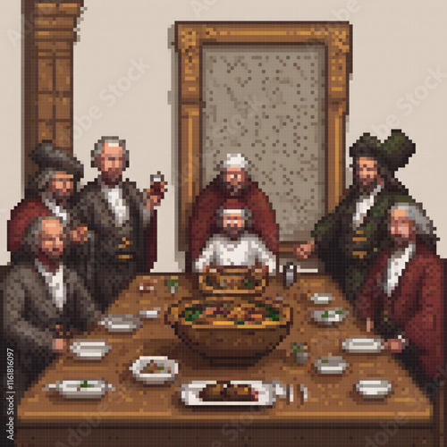 Pixel art depicting men sharing a rustic wooden table experience