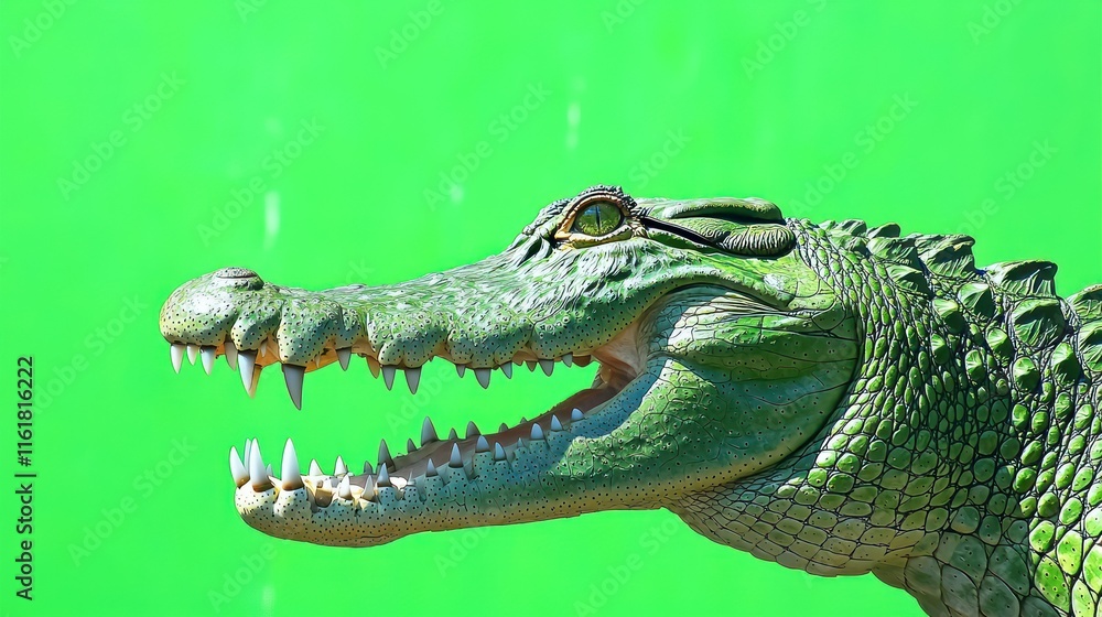 Close-up profile of a crocodile's head and open jaws against a vibrant green background. Close-up profile of a crocodile's head and open jaws against a vibrant green background.