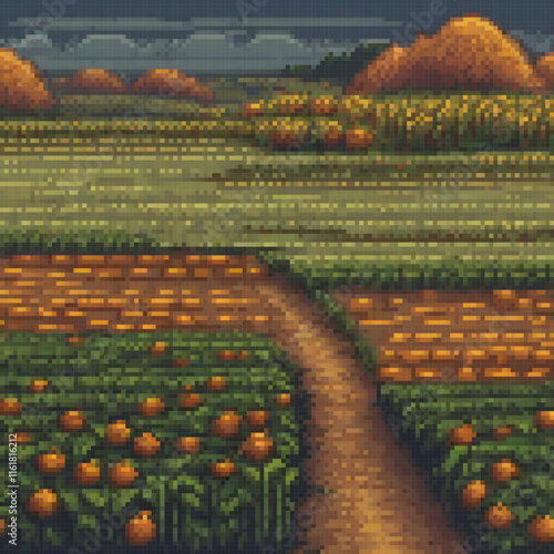 Pixel art of a moonlit pumpkin patch, perfect for Halloween decor.