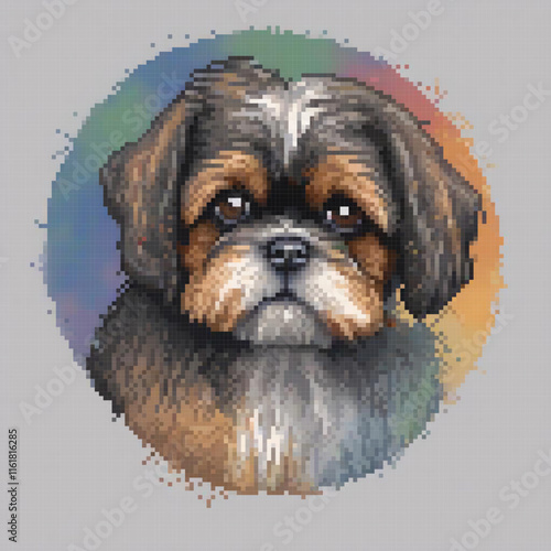 Pixel art cross stitch pattern featuring a cute Shih Tzu dog