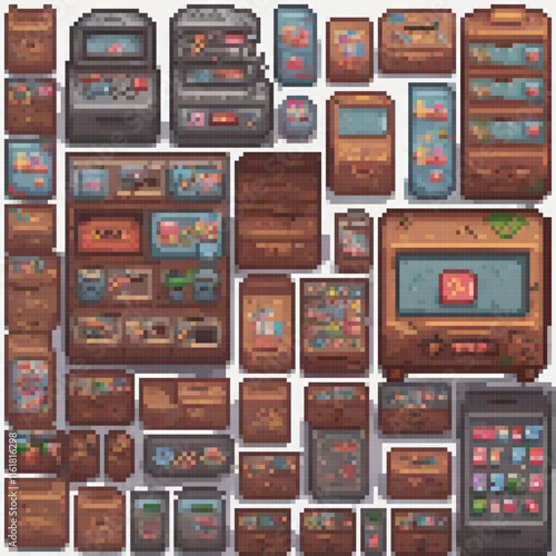 Pixel art showcasing diverse electronic gadgets in vibrant colors.