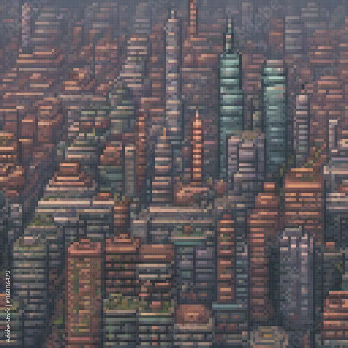 Pixel art cityscape with towering skyscrapers