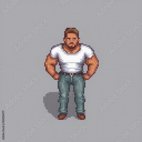 Pixel art of a confident man in a white shirt and jeans, hands on hips