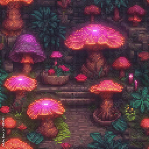 Pixel art garden mushrooms, vintage style.