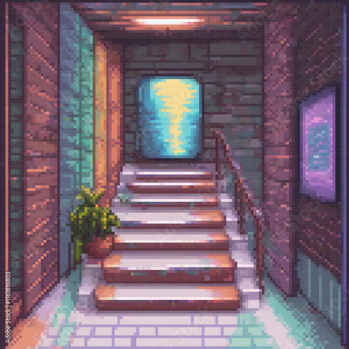 Pixel art depicting a charming staircase ascending to a windowed room.