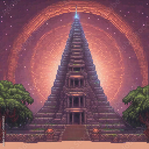 Pixel art depicting a serene temple nestled in a lush forest.