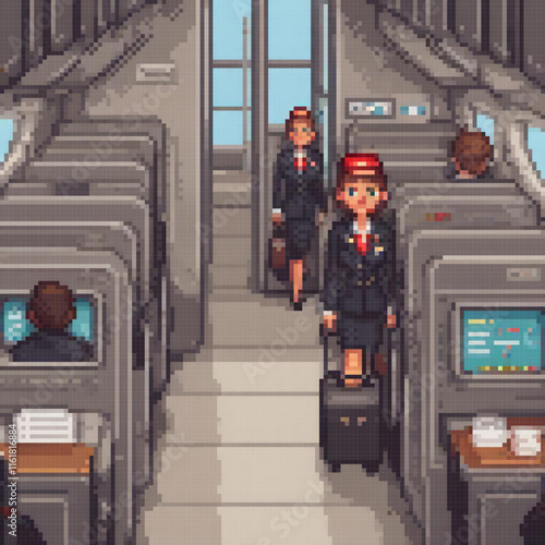 Pixel art of a flight attendant on an airplane aisle