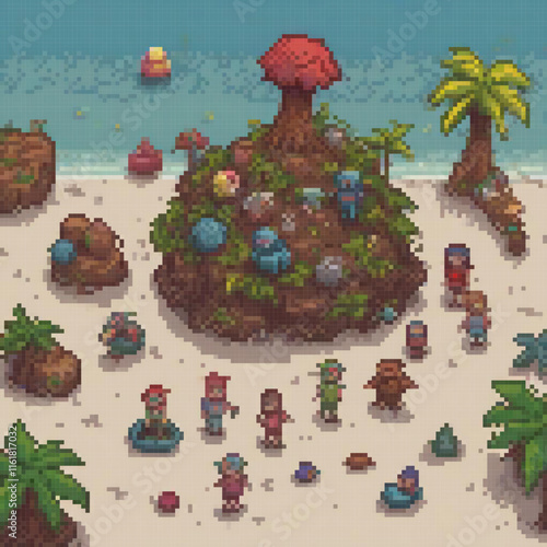 Pixel art depicting a serene island oasis amidst a sandy beach, bustling with joyful beachgoers.