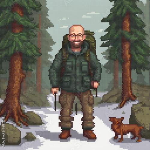 Pixel art of a man and his loyal dog exploring the wilderness