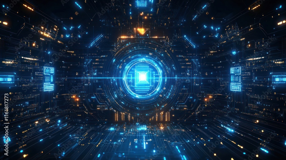 Fototapeta premium Futuristic blue and orange digital tunnel.