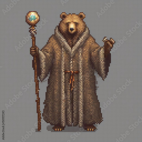 Brown bear in fur coat with staff, pixel art style.